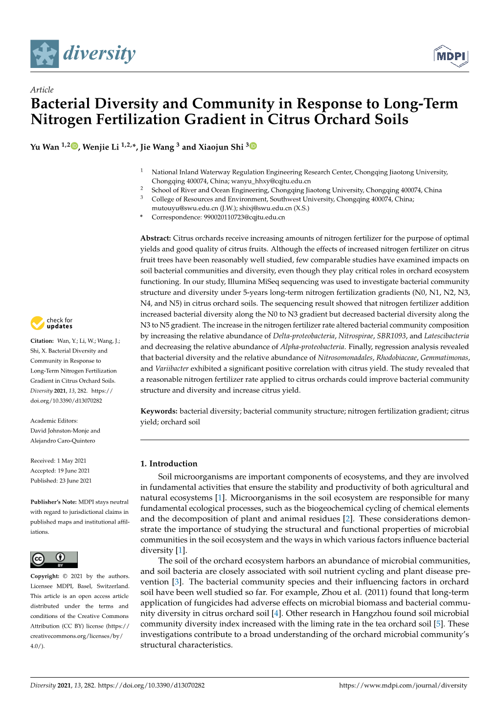 Bacterial Diversity and Community in Response to Long-Term Nitrogen Fertilization Gradient in Citrus Orchard Soils