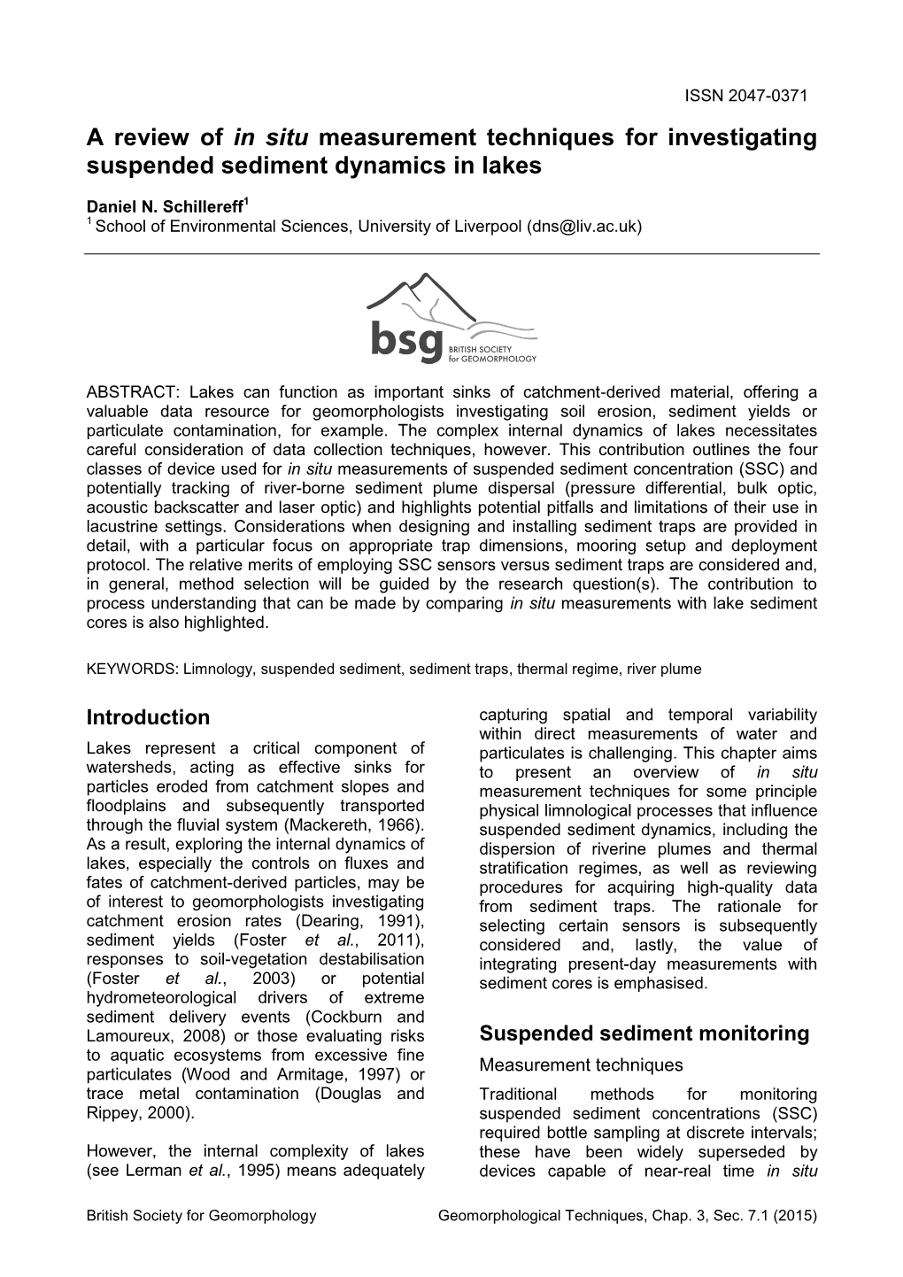 A Review of in Situ Measurement Techniques for Investigating Suspended Sediment Dynamics in Lakes