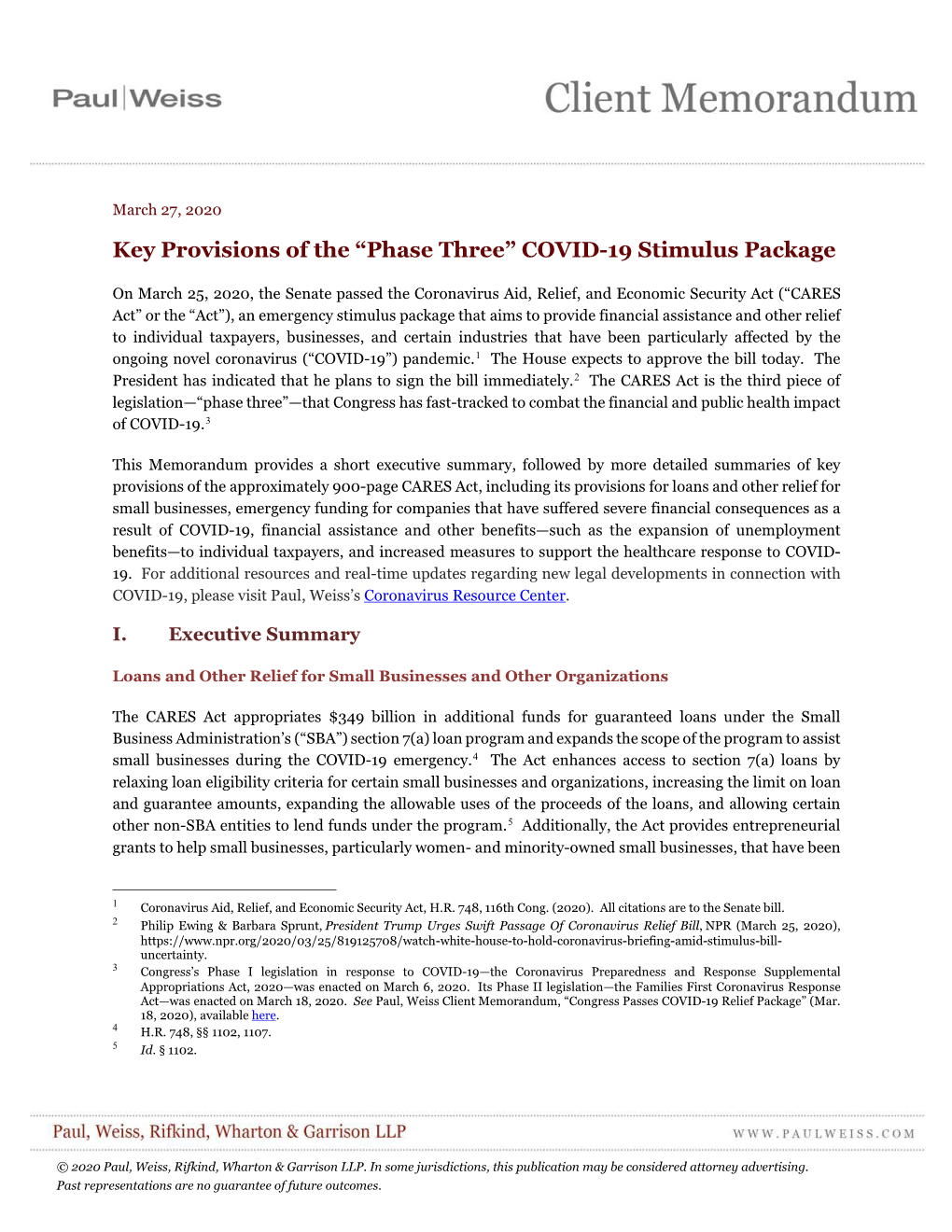 Key Provisions of the “Phase Three” COVID-19 Stimulus Package