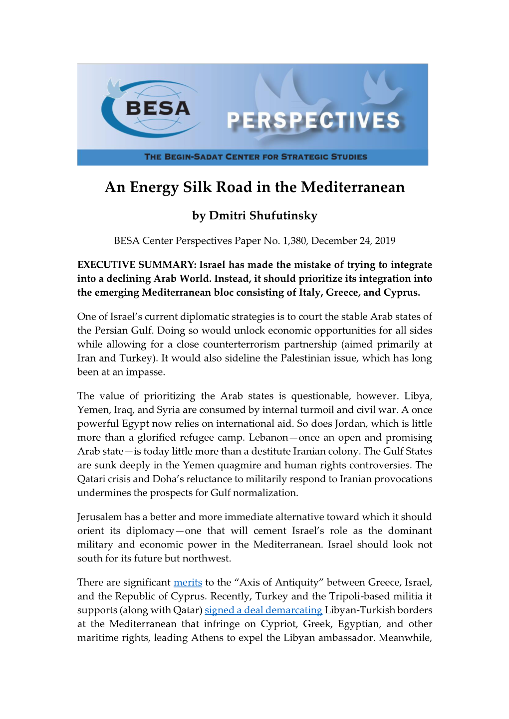 An Energy Silk Road in the Mediterranean