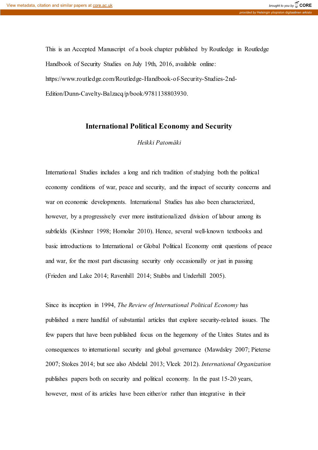 International Political Economy and Security