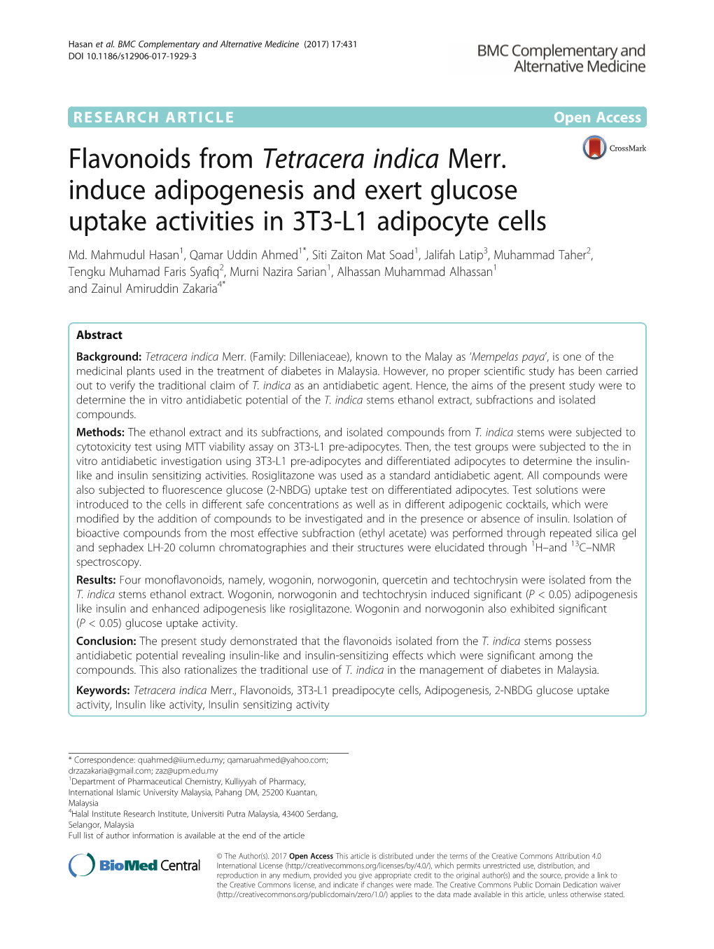 Flavonoids from Tetracera Indica Merr. Induce Adipogenesis and Exert Glucose Uptake Activities in 3T3-L1 Adipocyte Cells Md