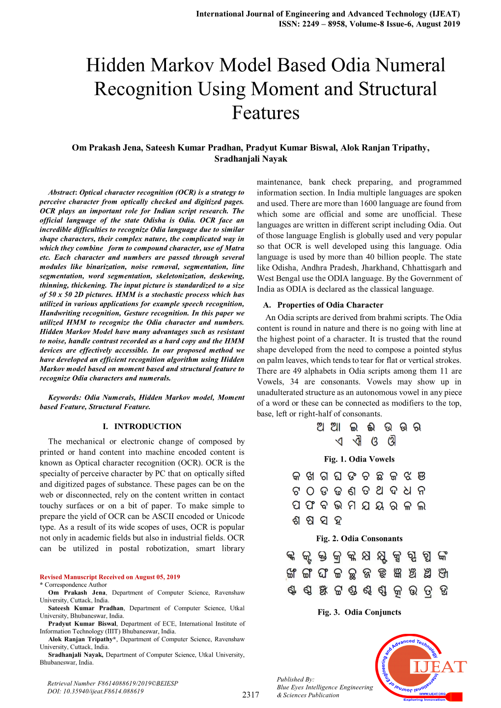 Hidden Markov Model Based Odia Numeral Recognition Using Moment and Structural Features