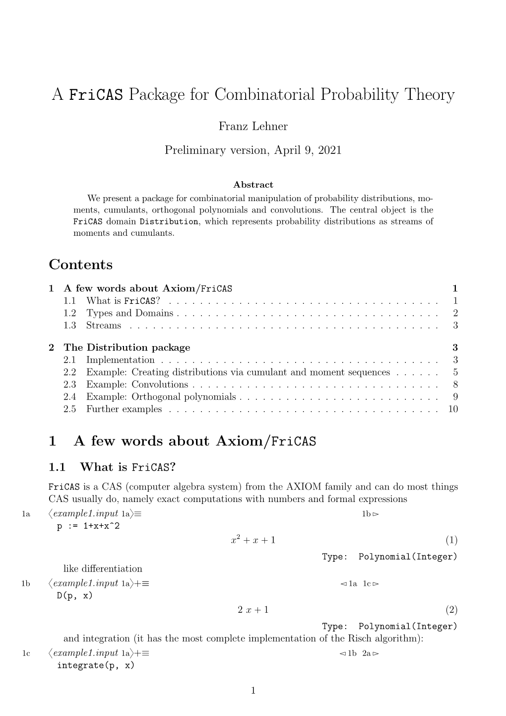 A Fricas Package for Combinatorial Probability Theory