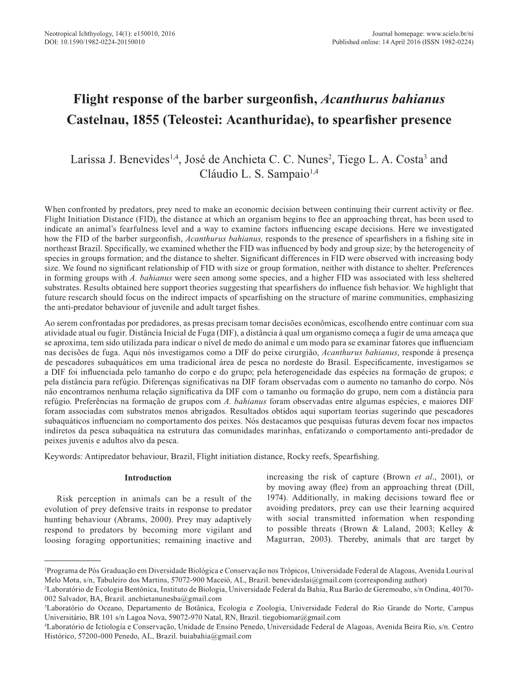 Flight Response of the Barber Surgeonfish, Acanthurus Bahianus Castelnau, 1855 (Teleostei: Acanthuridae), to Spearfisher Presence