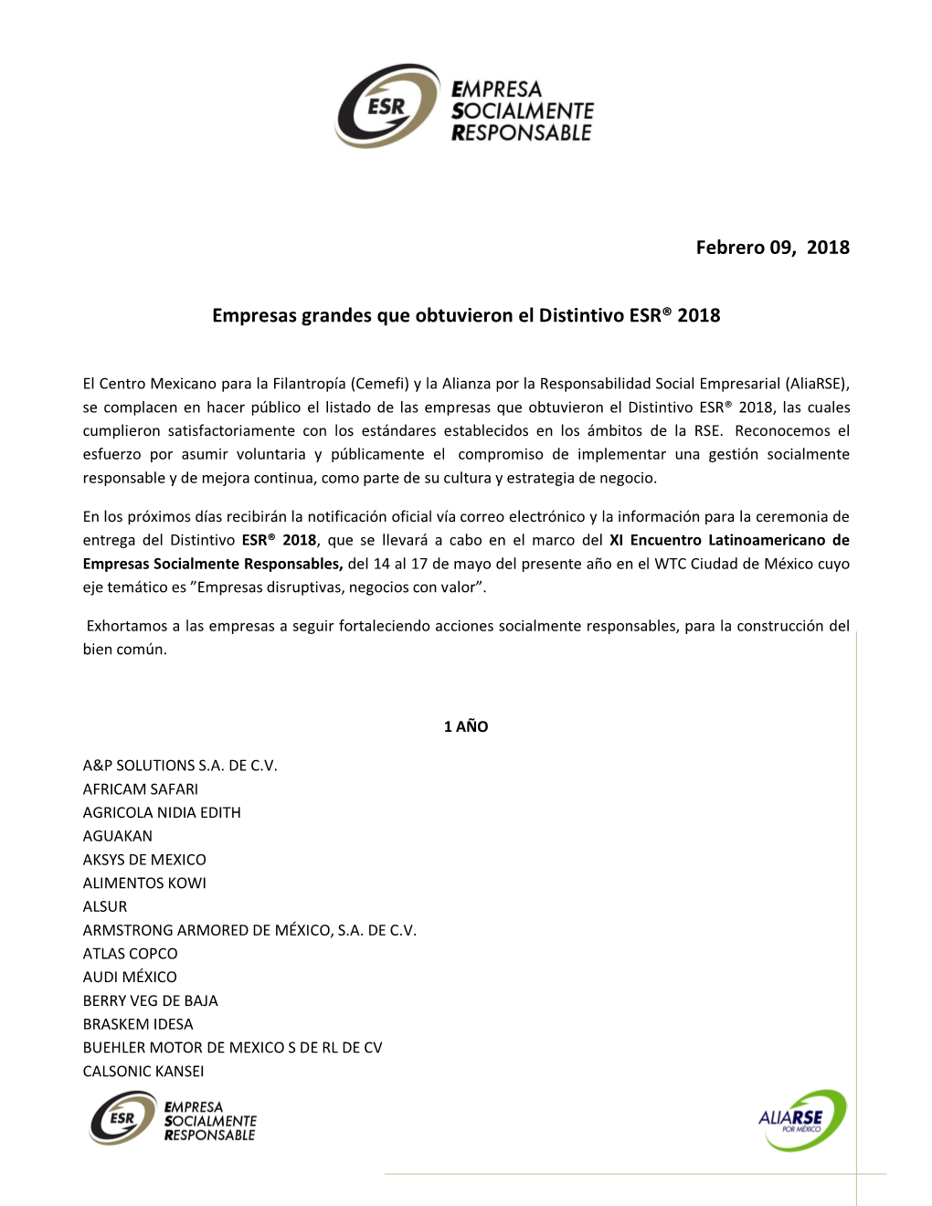 Febrero 09, 2018 Empresas Grandes Que Obtuvieron El Distintivo ESR