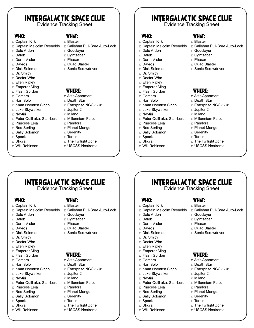 2019 05-10 Clue Evidence Tracking Sheets & Rules for Playing at Home