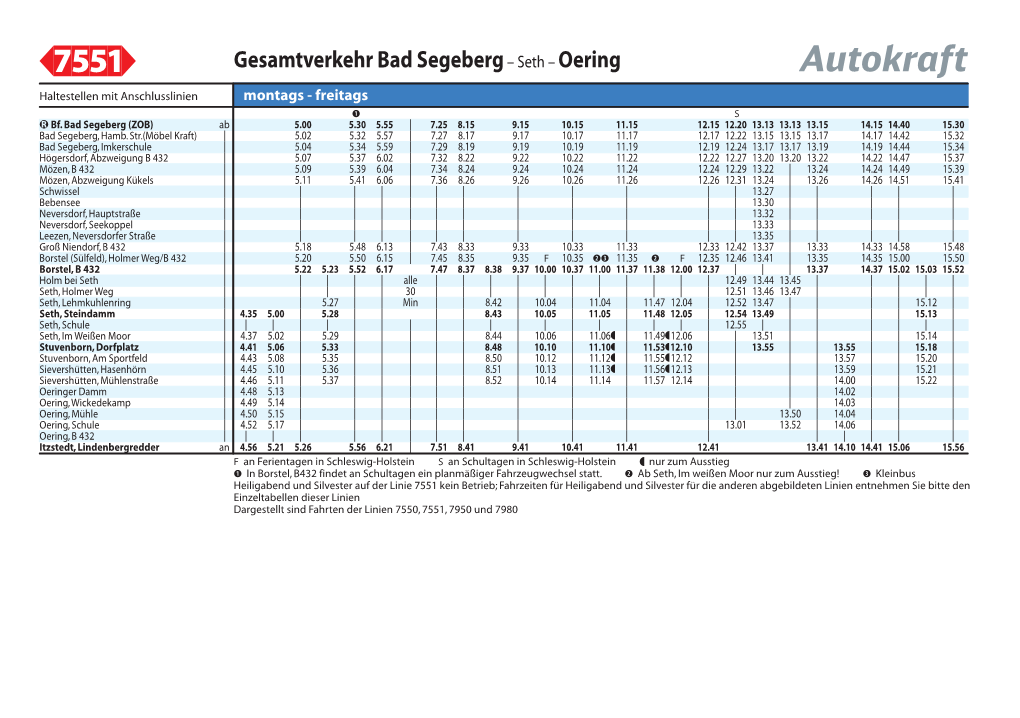 Bad Segeberg – Seth – Oering Haltestellen Mit Anschlusslinien Montags - Freitags 1 S T Bf