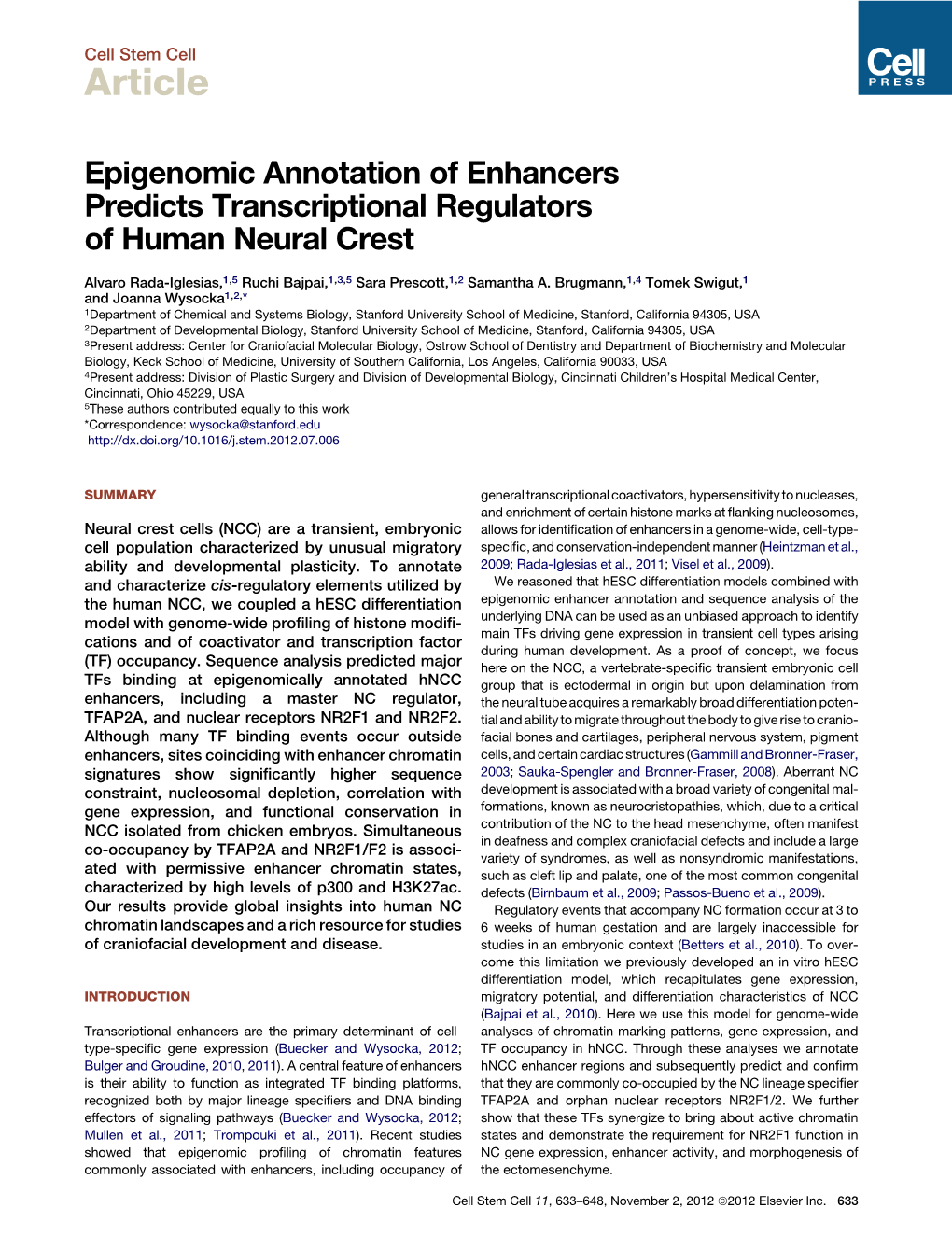 Epigenomic Annotation of Enhancers Predicts Transcriptional Regulators of Human Neural Crest