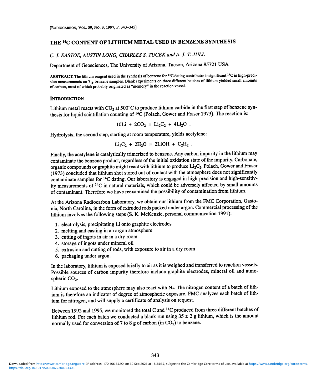 The 14C Content of Lithium Metal Used in Benzene Synthesis