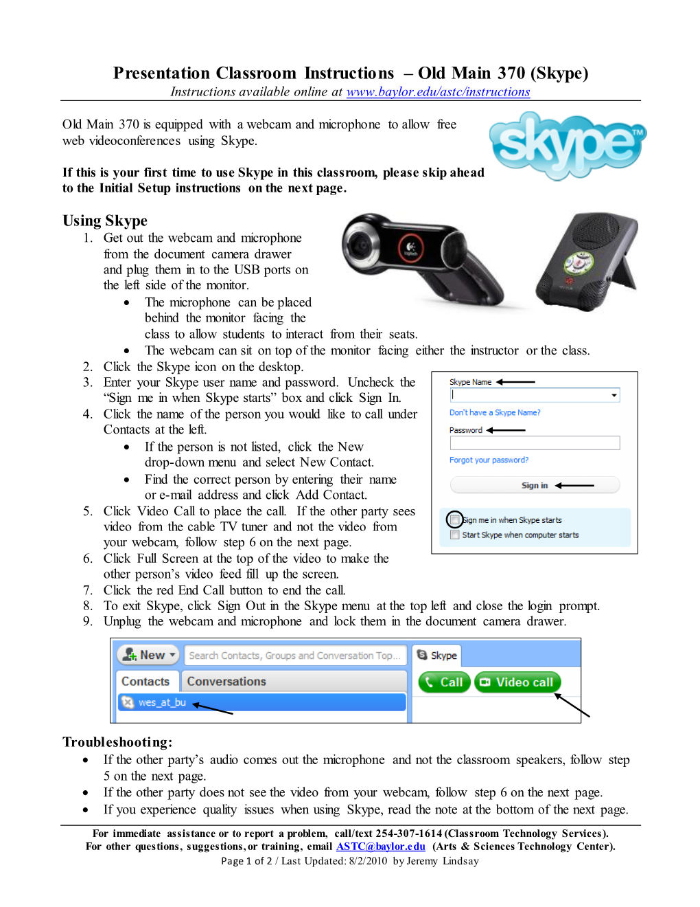 Presentation Classroom Instructions – Old Main 370 (Skype) Instructions Available Online At