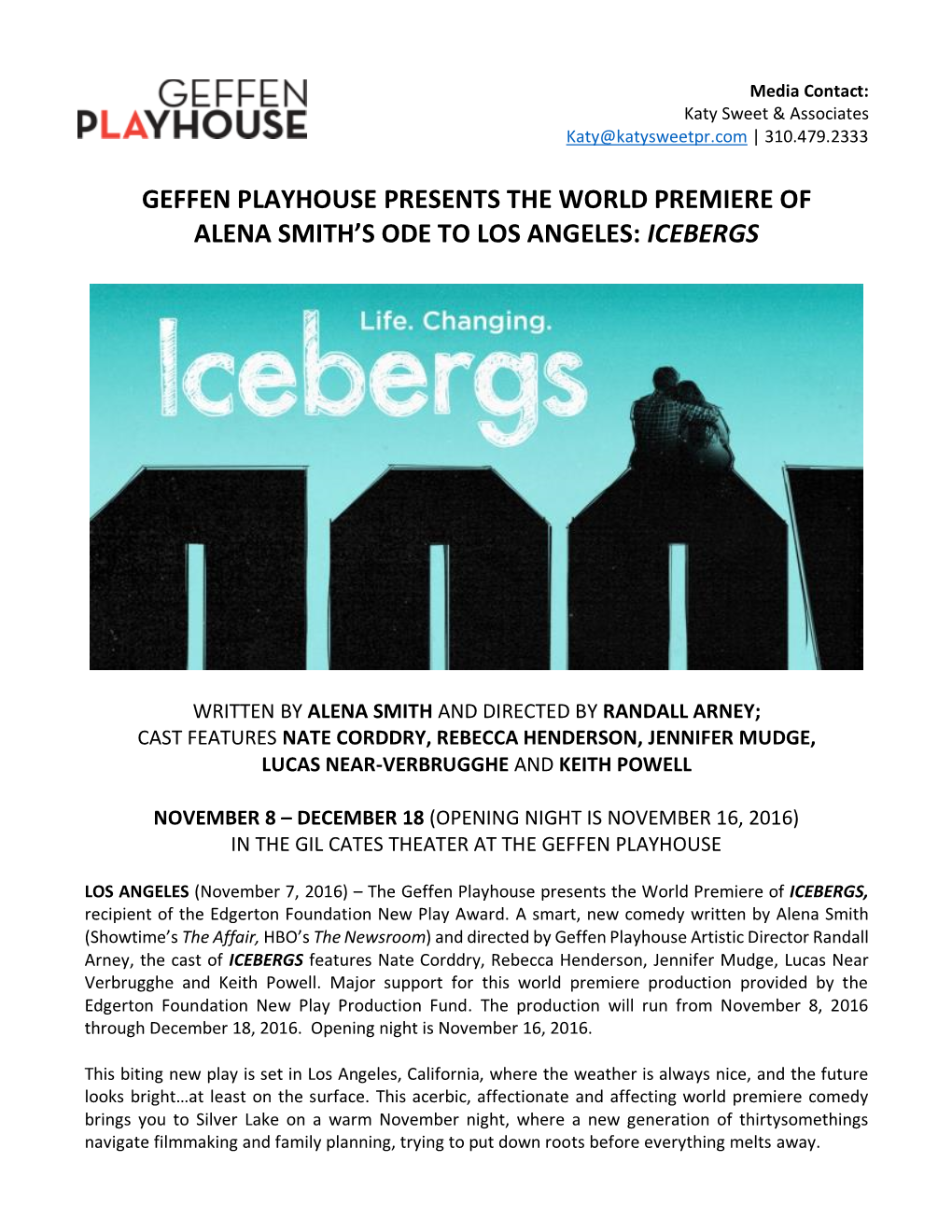 Geffen Playhouse Presents the World Premiere of Alena Smith’S Ode to Los Angeles: Icebergs