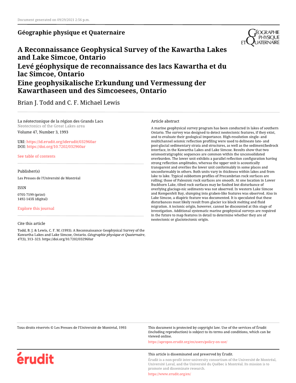 A Reconnaissance Geophysical Survey of the Kawartha Lakes and Lake Simcoe, Ontario