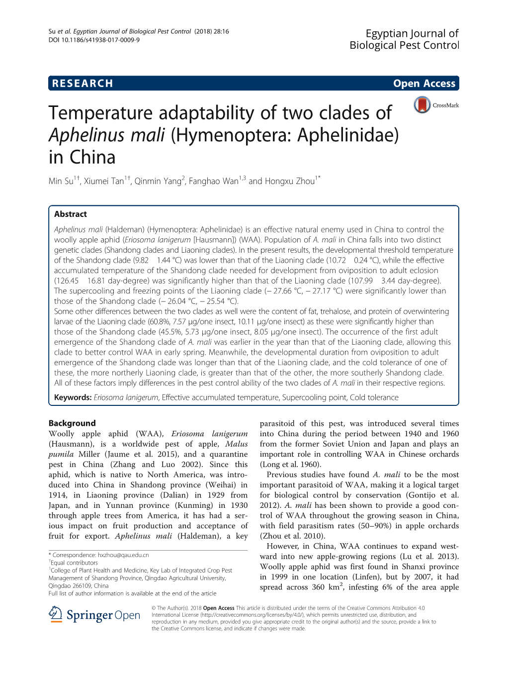 Temperature Adaptability of Two Clades of Aphelinus Mali (Hymenoptera: Aphelinidae) in China Min Su1†, Xiumei Tan1†, Qinmin Yang2, Fanghao Wan1,3 and Hongxu Zhou1*