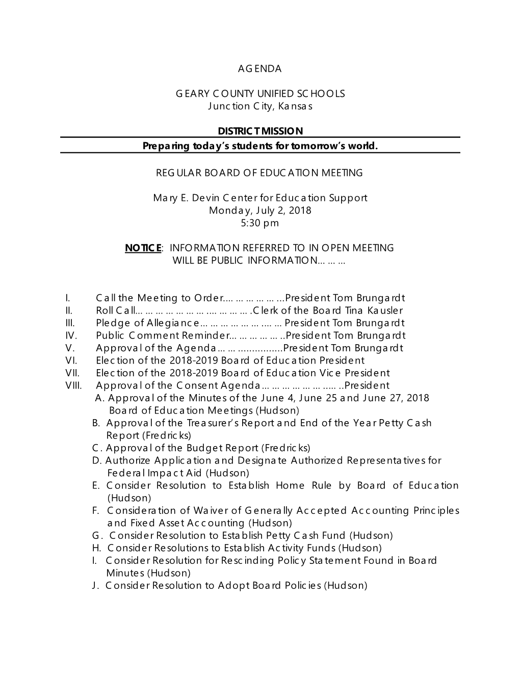 AGENDA GEARY COUNTY UNIFIED SCHOOLS Junction City, Kansas