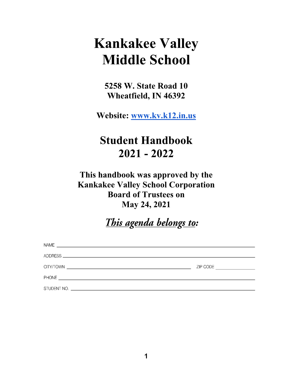 2021-22 Kankakee Valley Middle School Handbook