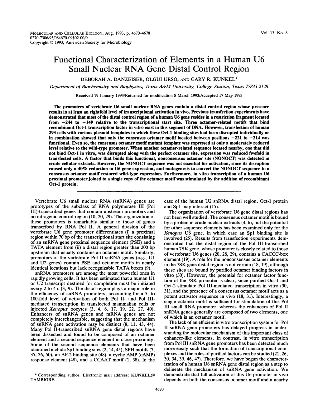 Functional Characterization of Elements in a Human U6 Small Nuclear RNA Gene Distal Control Region DEBORAH A