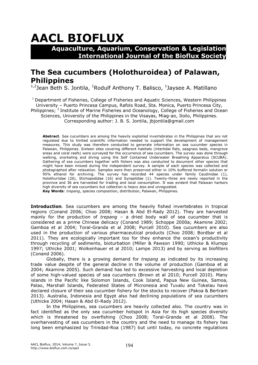 The Sea Cucumbers (Holothuroidea) of Palawan, Philippines 1,2Jean Beth S