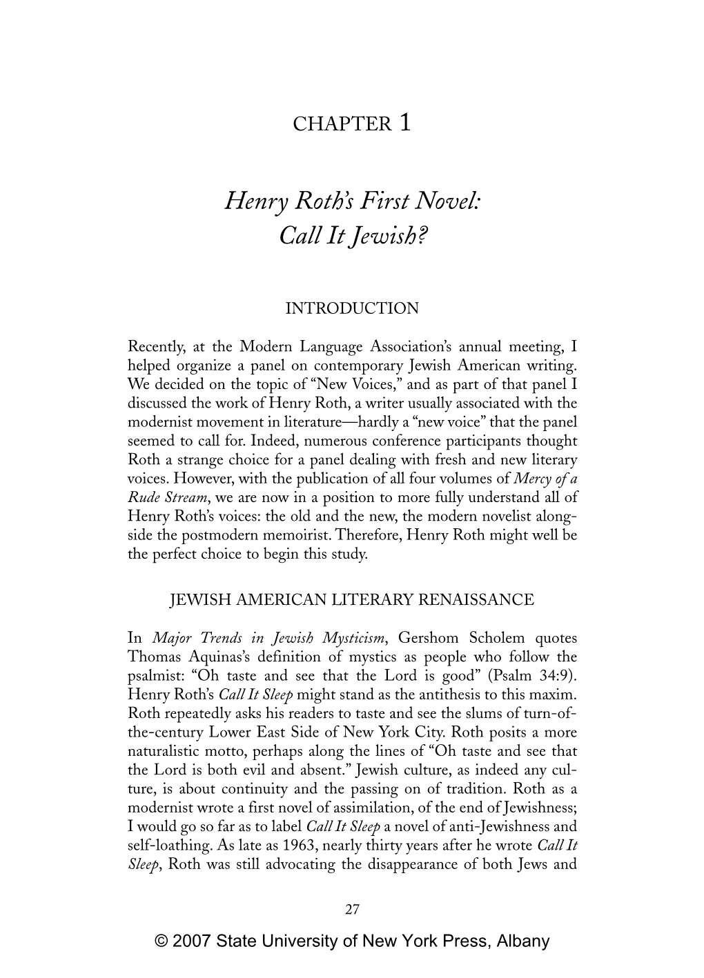 Henry Roth's First Novel