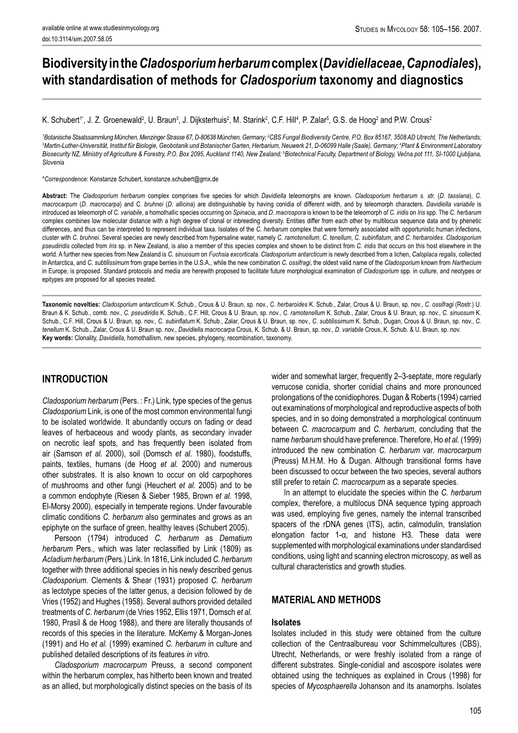 (Davidiellaceae, Capnodiales), with Standardisation of Methods for Cladosporium Taxonomy and Diagnostics