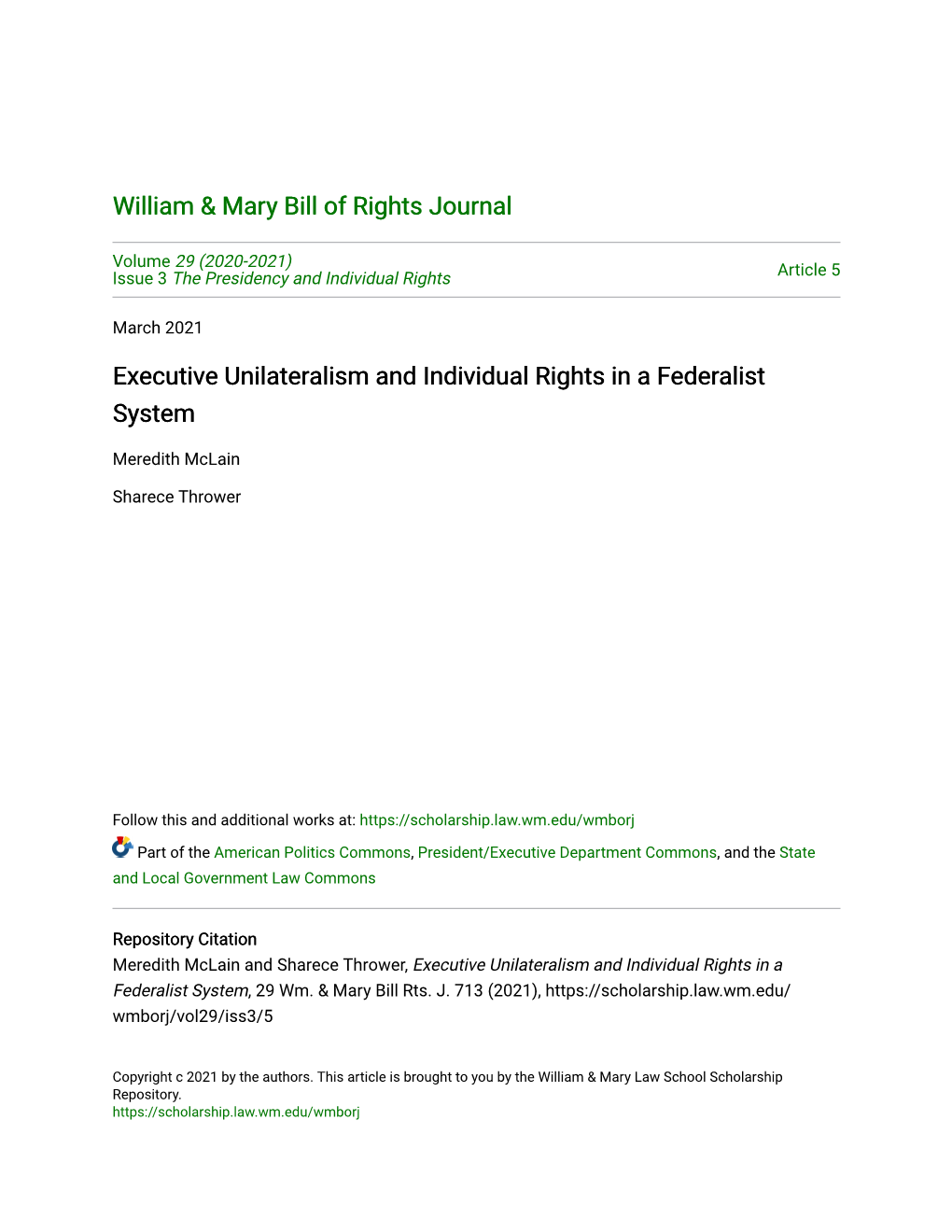 Executive Unilateralism and Individual Rights in a Federalist System