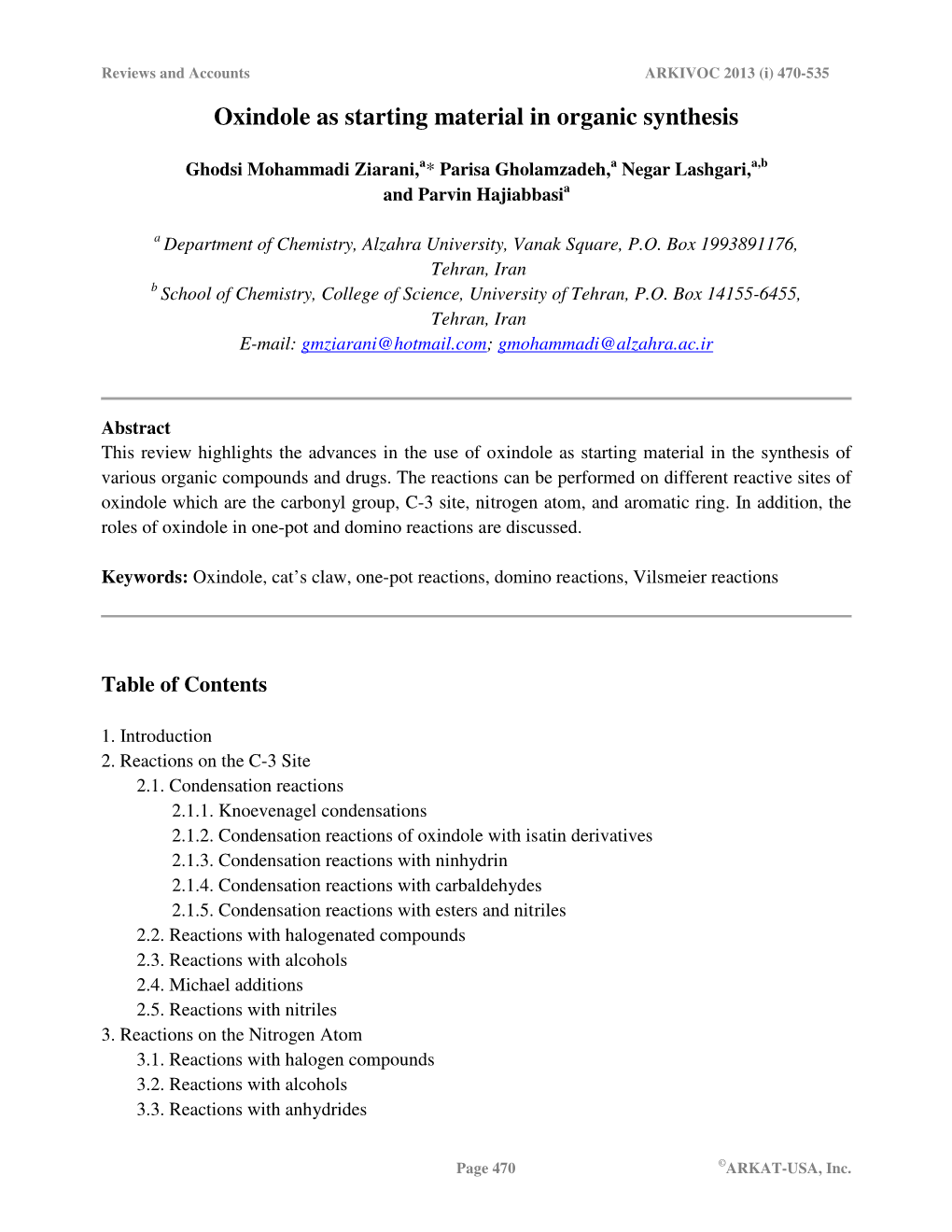 Oxindole As Starting Material in Organic Synthesis