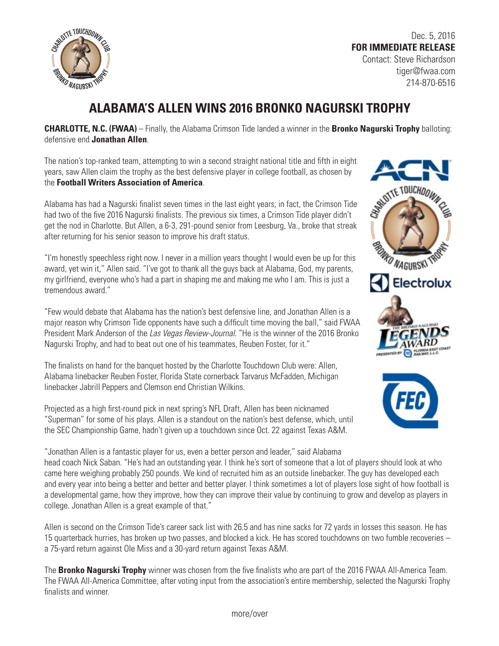 Alabama's Allen Wins 2016 Bronko Nagurski Trophy