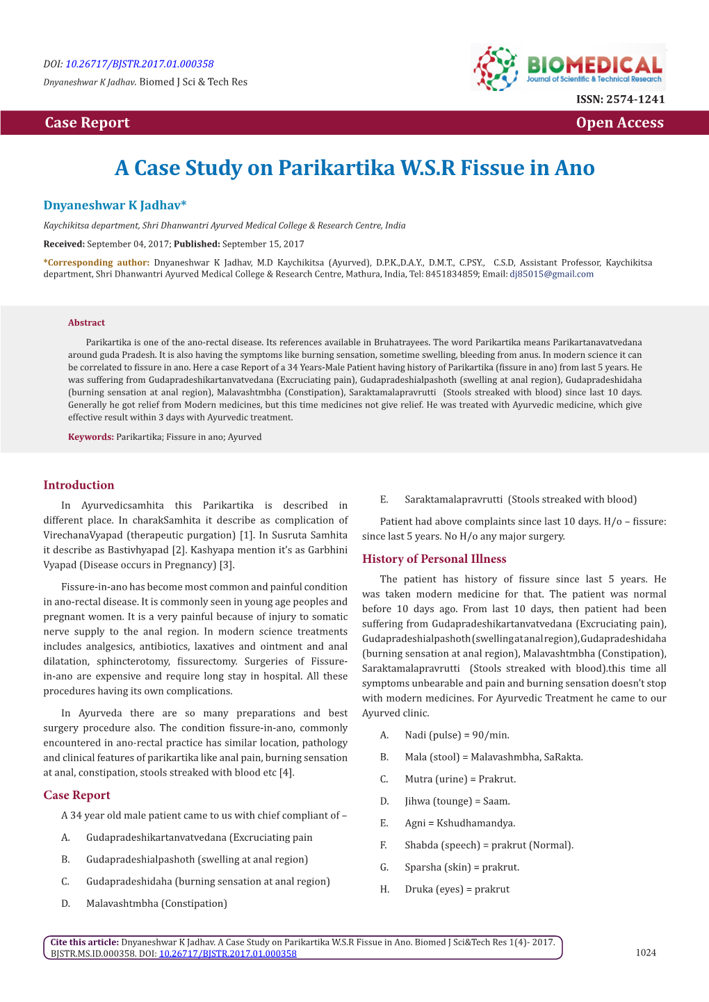 A Case Study on Parikartika W.S.R Fissue in Ano