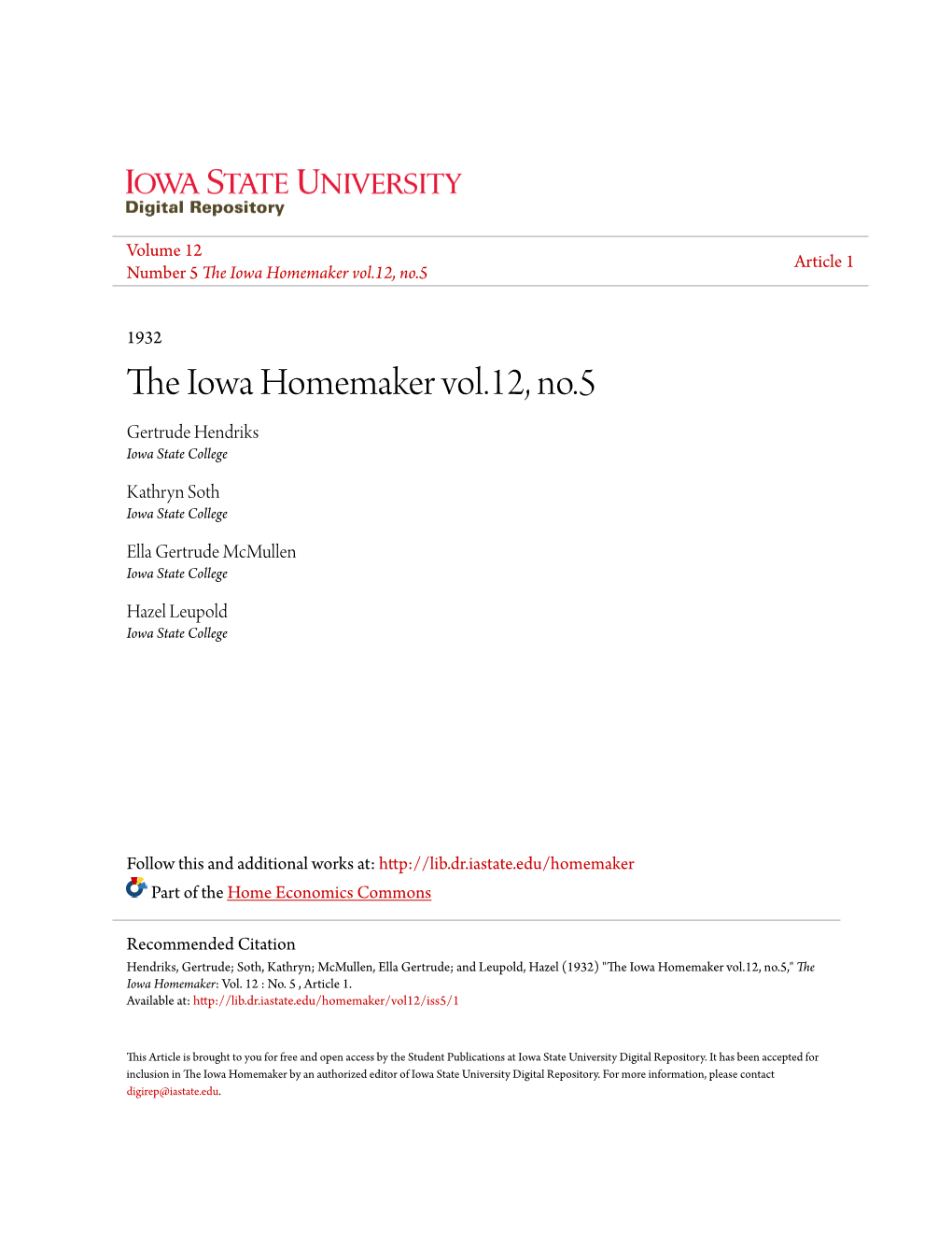 The Iowa Homemaker Vol.12, No.5