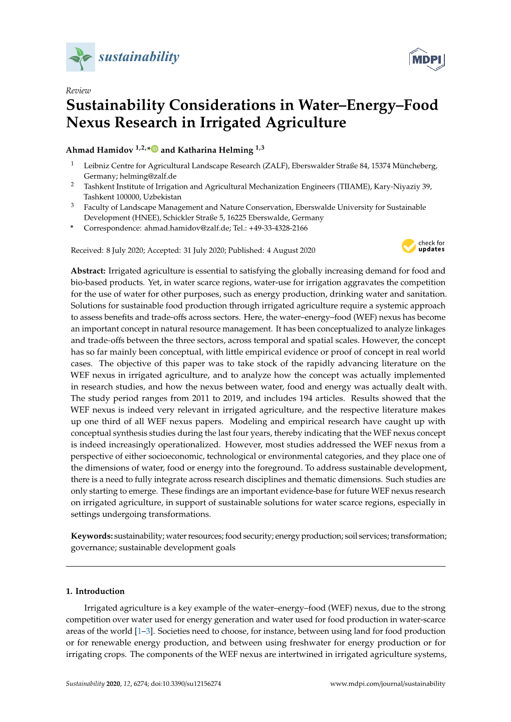 Sustainability Considerations in Water–Energy–Food Nexus Research in Irrigated Agriculture