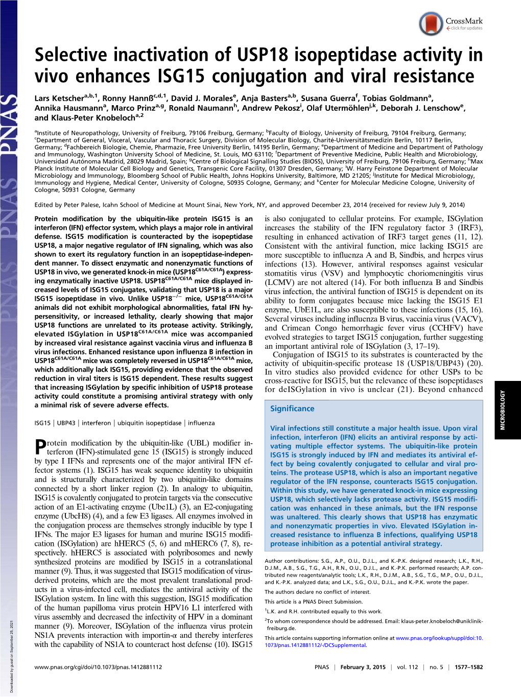 Selective Inactivation of USP18 Isopeptidase Activity in Vivo Enhances ISG15 Conjugation and Viral Resistance