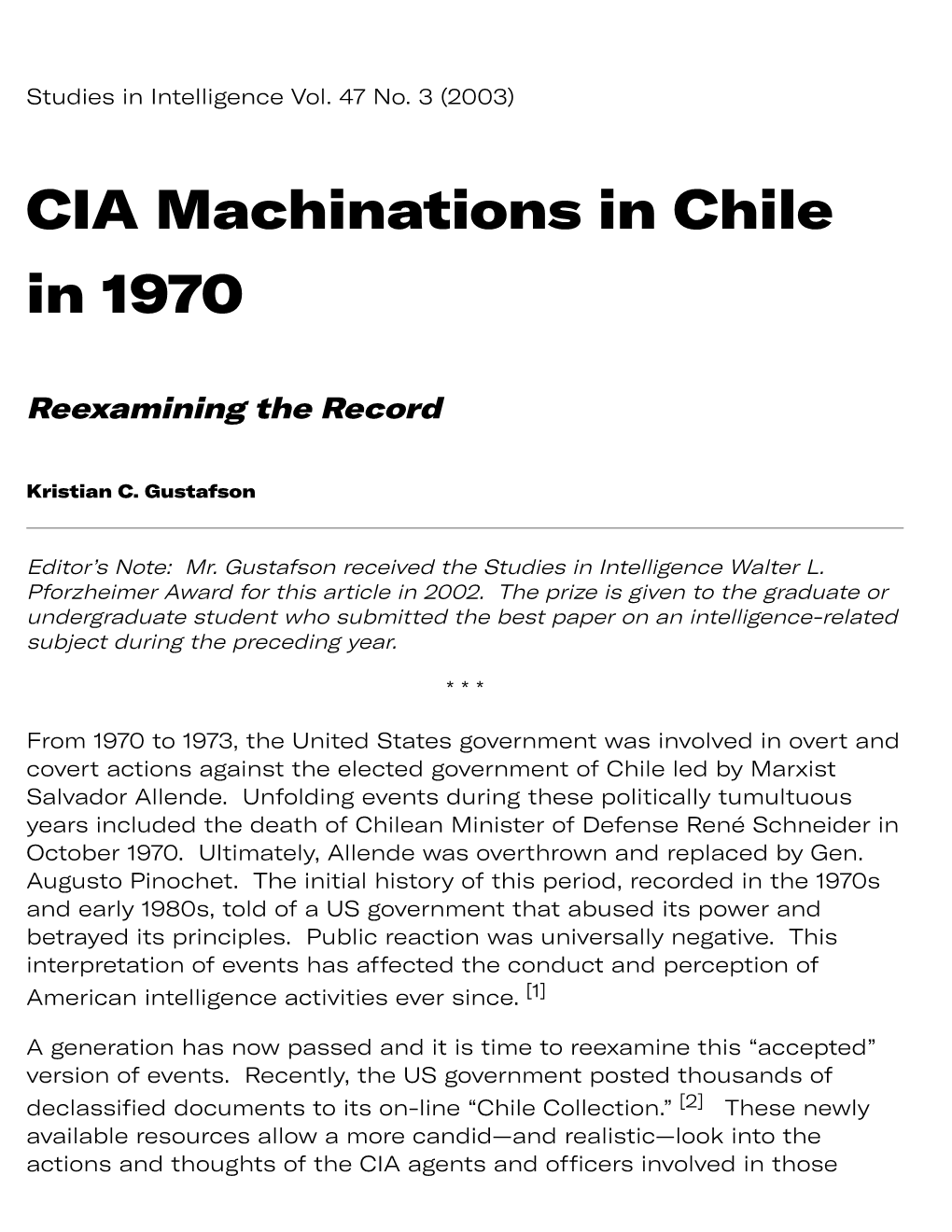 CIA Machinations in Chile in 1970: Reexamining the Record