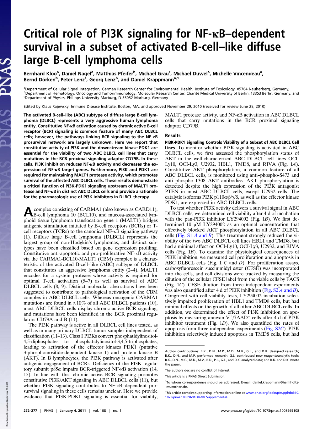 Critical Role of PI3K Signaling for NF-Κb–Dependent Survival in a Subset of Activated B-Cell–Like Diffuse Large B-Cell Lymphoma Cells