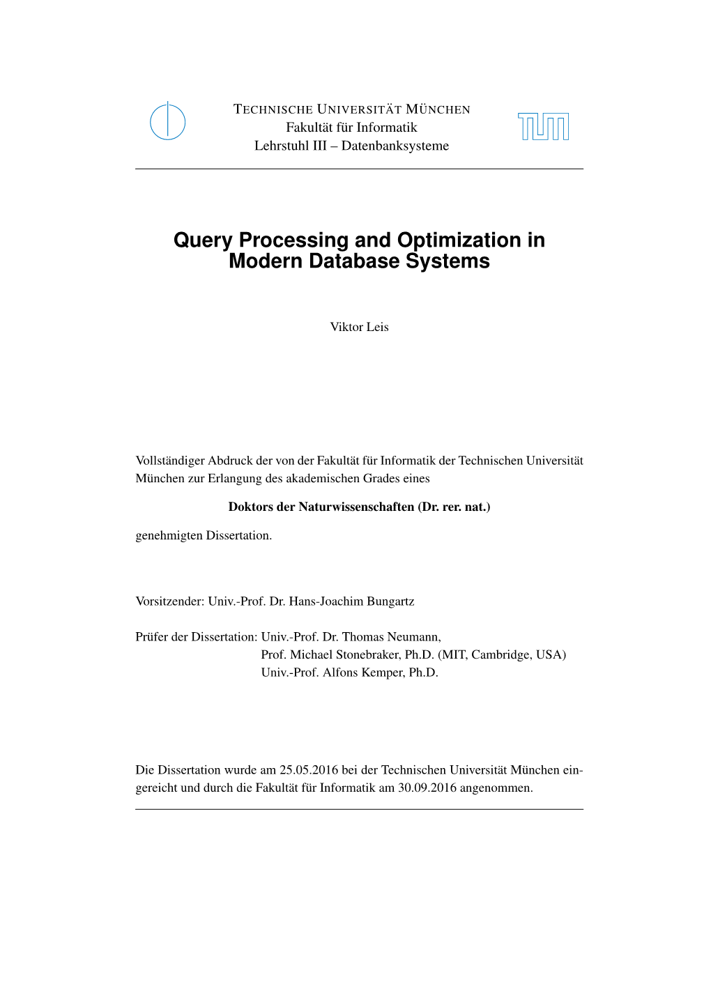 Query Processing and Optimization in Modern Database Systems
