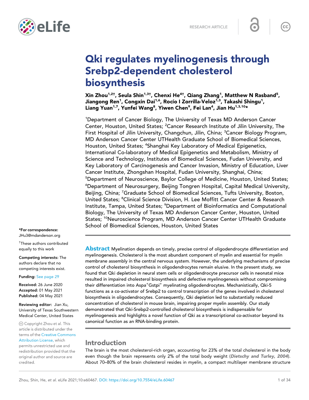 Qki Regulates Myelinogenesis Through Srebp2-Dependent Cholesterol