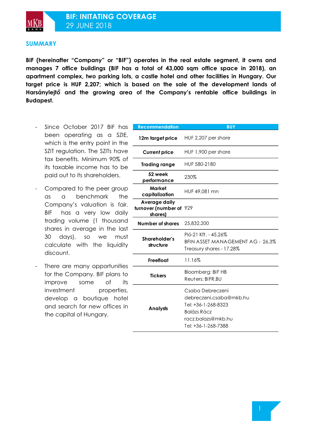 Bif: Initating Coverage 29 June 2018