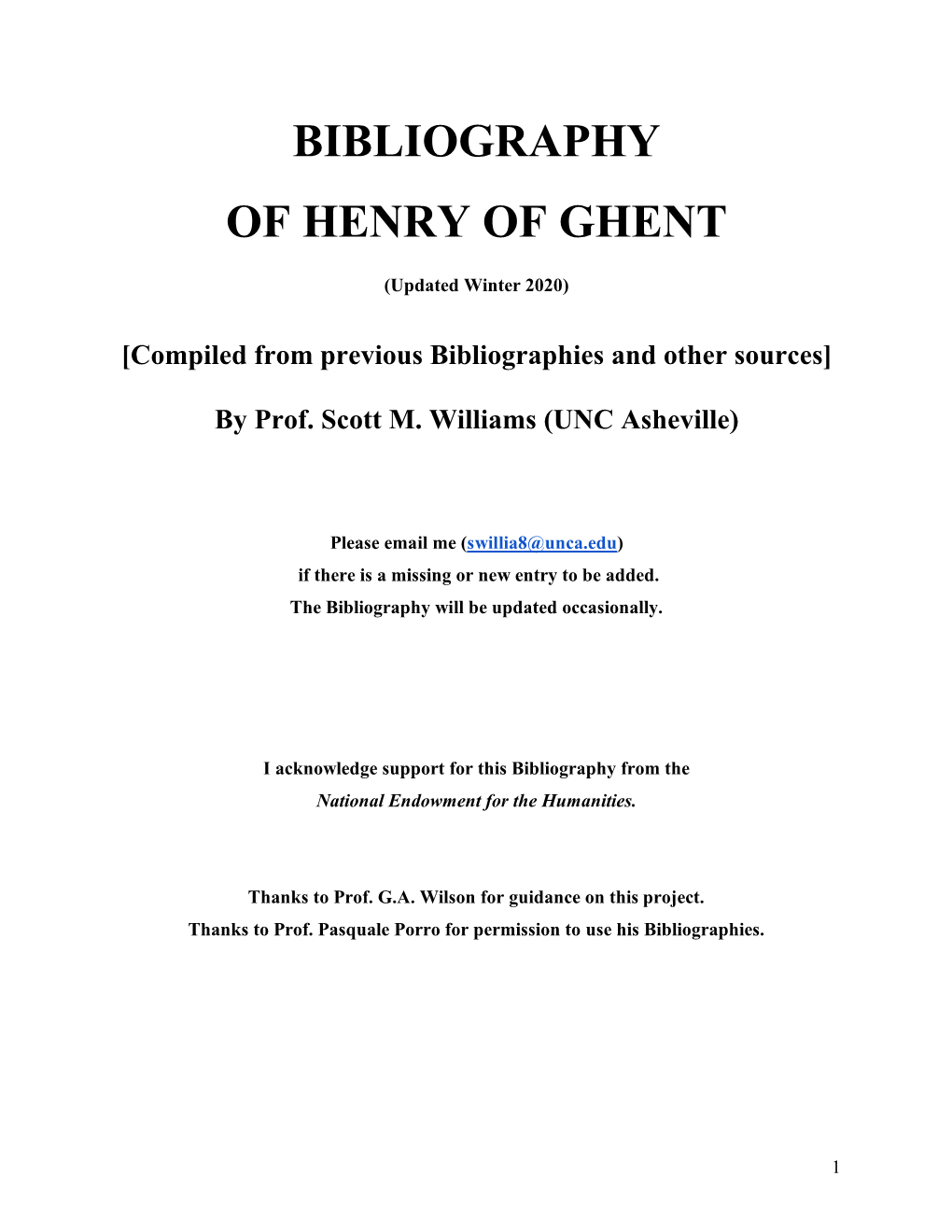 Bibliography of Henry of Ghent