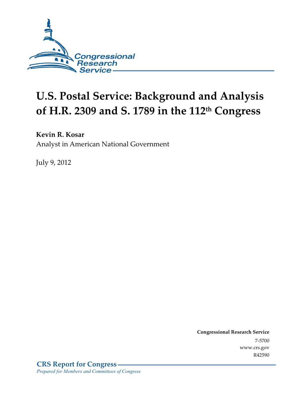 U.S. Postal Service: Background and Analysis of H.R. 2309 and S.1789