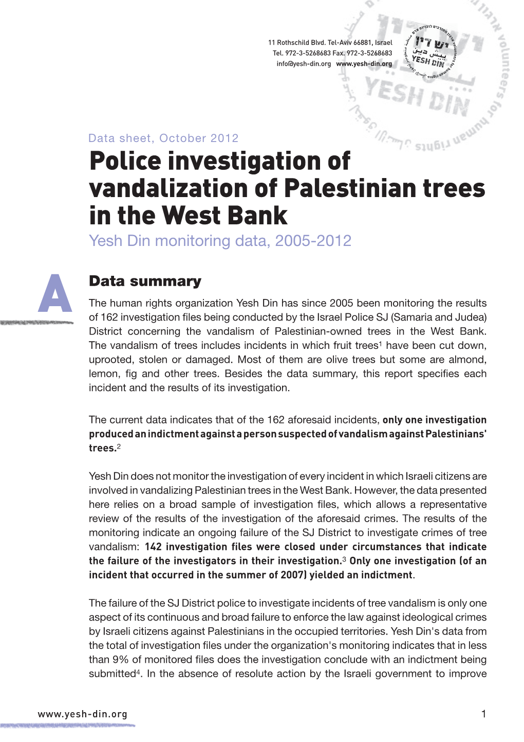 Police Investigation of Vandalization of Palestinian Trees in the West Bank Yesh Din Monitoring Data, 2005-2012