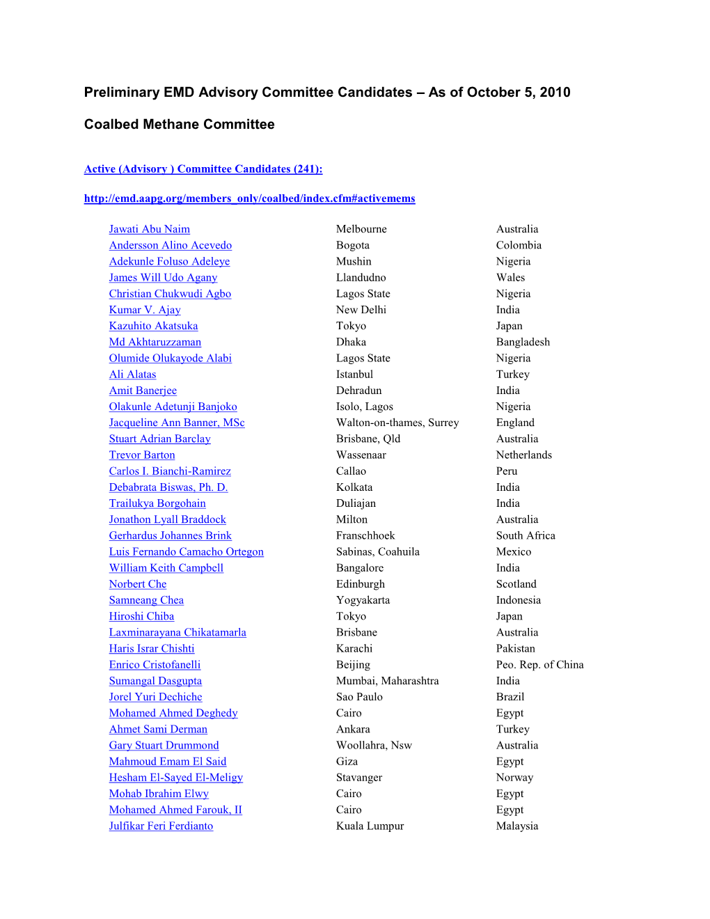 Preliminary EMD Advisory Committee Candidates – As of October 5, 2010