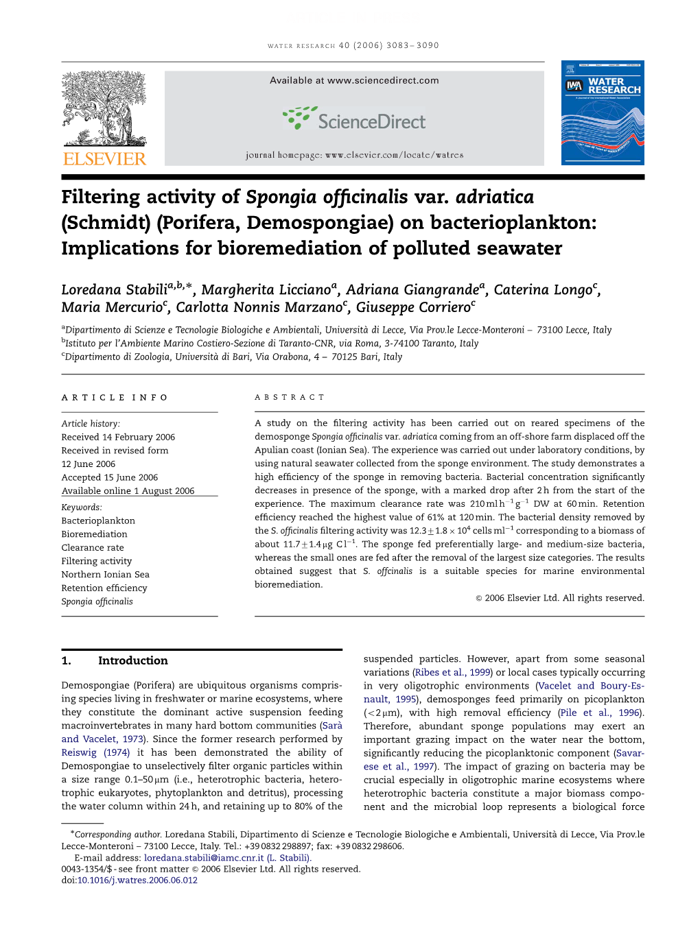 Filtering Activity of Spongia Officinalis Var. Adriatica (Schmidt) (Porifera, Demospongiae) on Bacterioplankton: Implications Fo