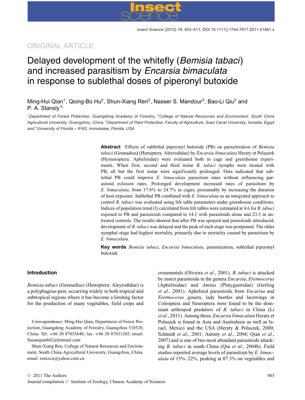 Delayed Development of the Whitefly (Bemisia Tabaci) and Increased Parasitism by Encarsia Bimaculata in Response to Sublethal Do