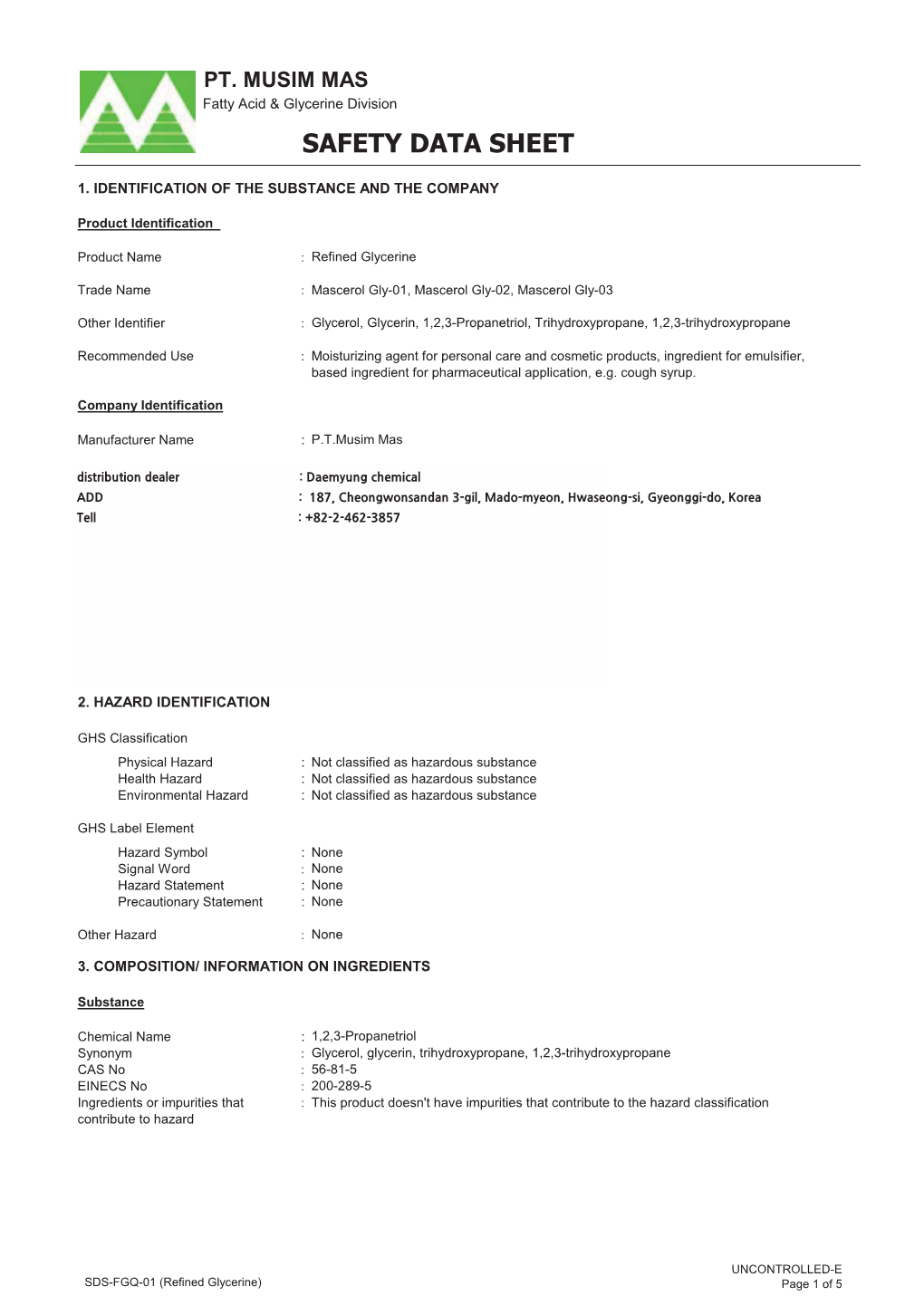 PT. MUSIM MAS Fatty Acid & Glycerine Division SAFETY DATA SHEET