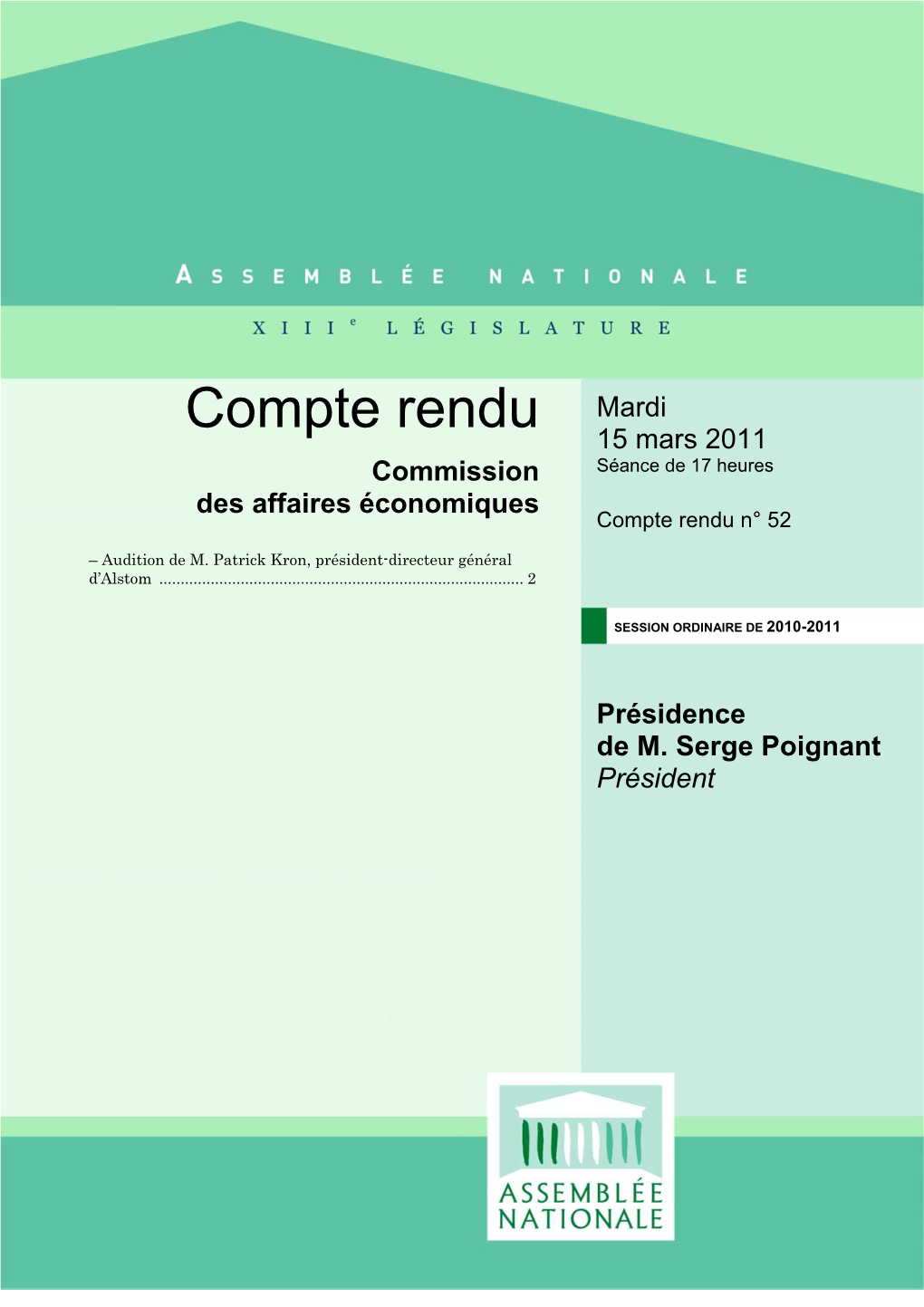 Compte Rendu Mardi 15 Mars 2011 Commission Séance De 17 Heures Des Affaires Économiques Compte Rendu N° 52