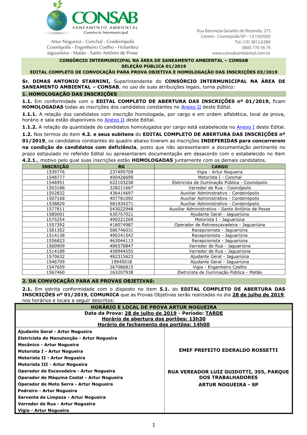 Edital Completo De Convocação Para Prova Objetiva E Homologação Das Inscrições 03/2019