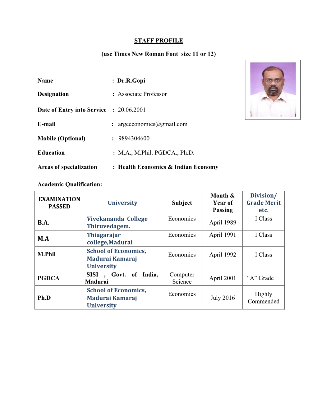 B.A. April 1989 Thiruvedagem