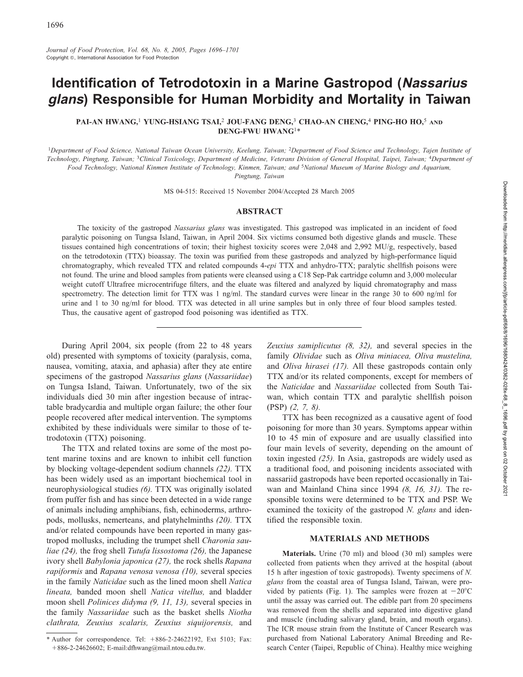 Identification of Tetrodotoxin in a Marine Gastropod