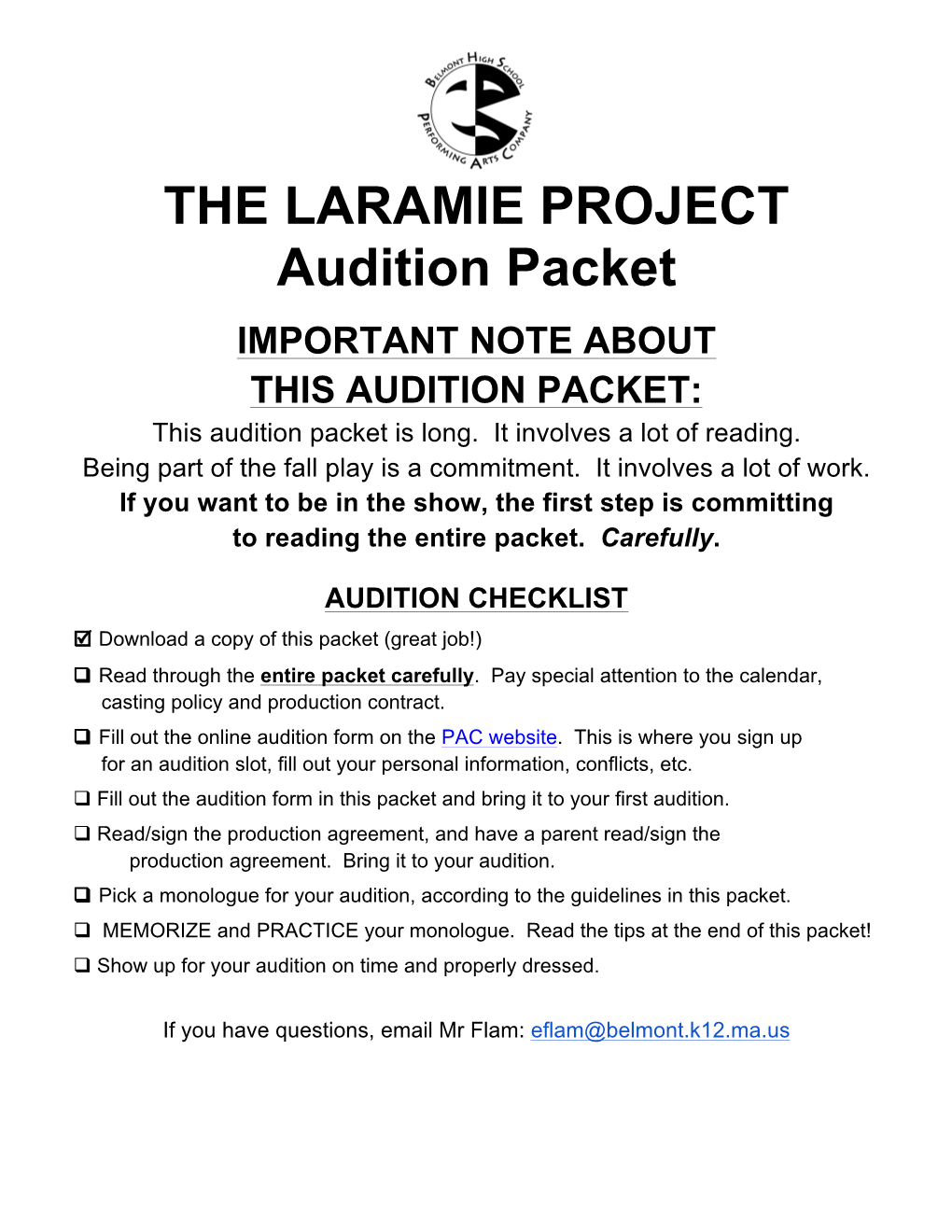 THE LARAMIE PROJECT Audition Packet