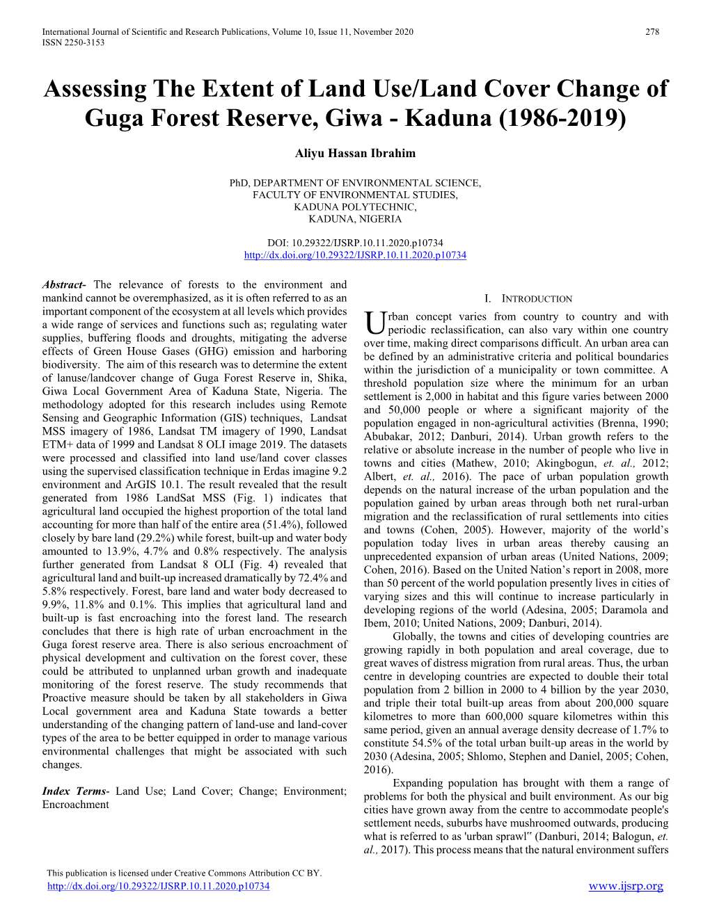 Assessing the Extent of Land Use/Land Cover Change of Guga Forest Reserve, Giwa - Kaduna (1986-2019)