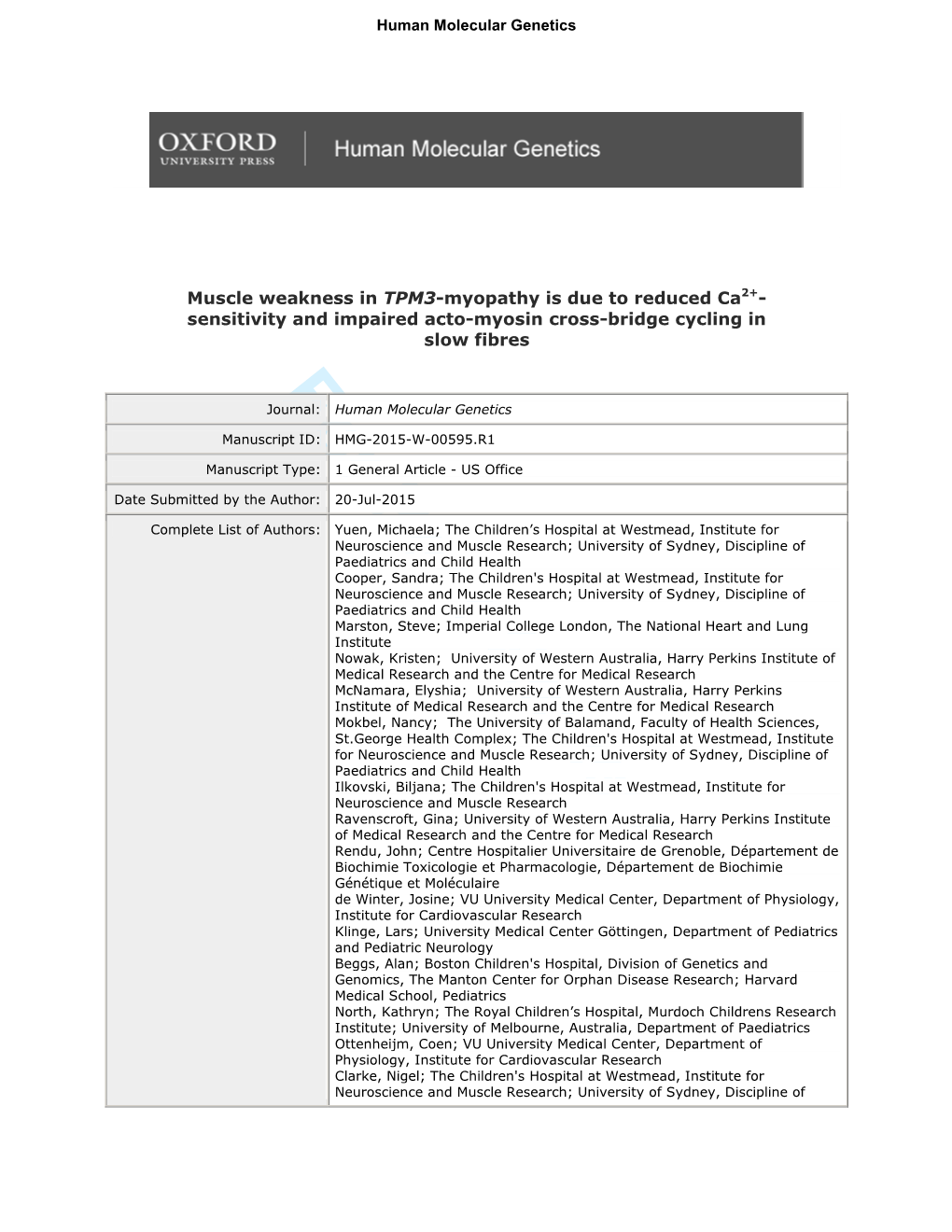 For Peer Review Journal: Human Molecular Genetics